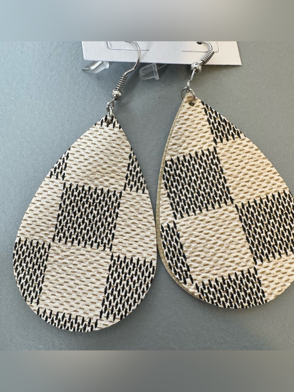 Neutral Checkered faux leather Teardrop dangle Earrings